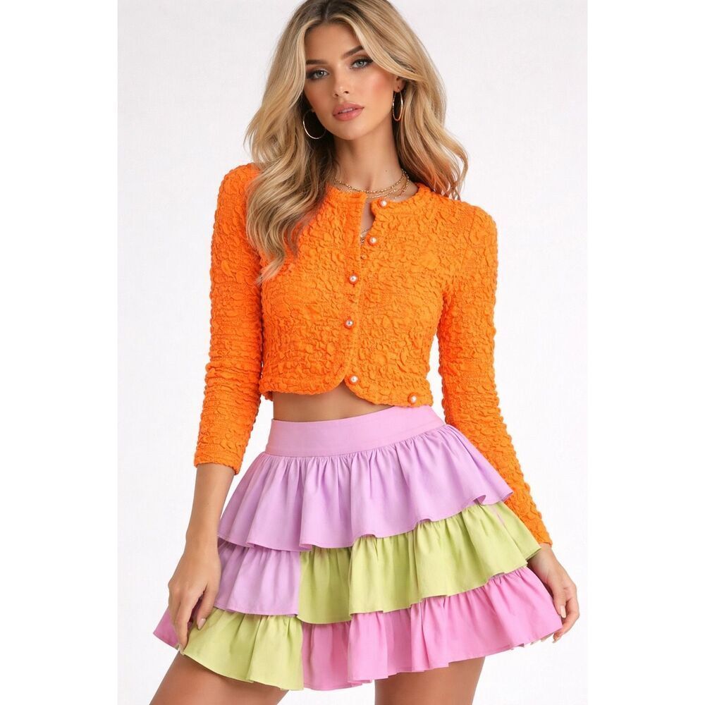 NWOT LOVESHACKFANCY Neon Tangerine Senina Crop Cardigan Sz XS, $235 D8